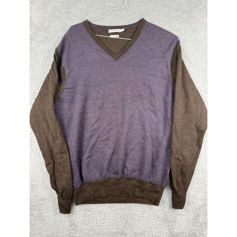 Peter Millar Merino Wool V Neck Sweater Mens XXL Purple Brown Herringbone Preppy